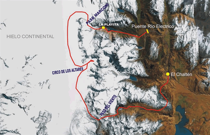 Mapa de la expedici&oacute;n - Hielos continentales - Paso Marconi - El Chalt&eacute;n